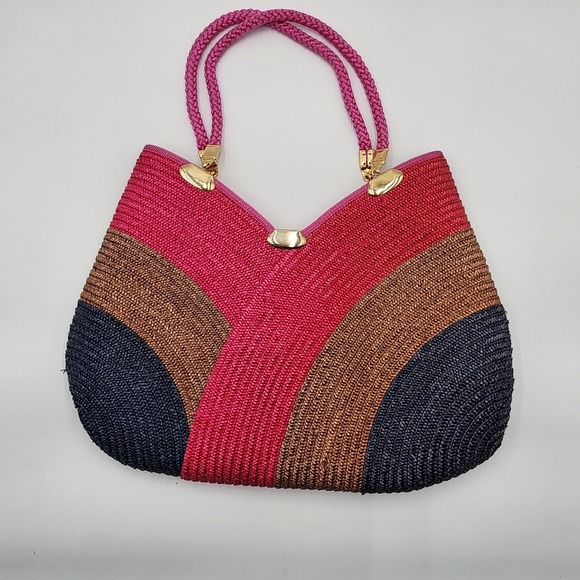 Vintage Pier Giorgio Woven Shoulder Bag Bright Multicolor Italian Straw Elegant - Picture 2 of 8